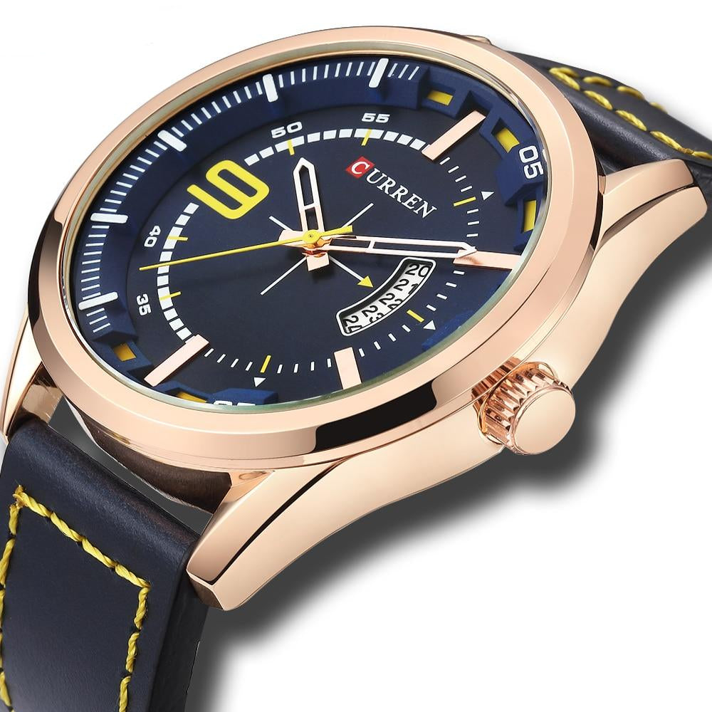 Leather Strap with Metal Frame Numberless Display Wristwatch