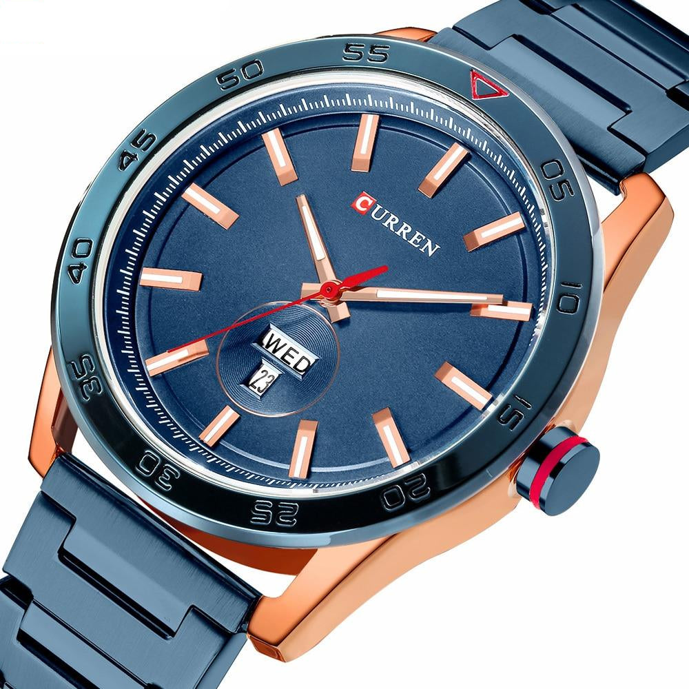 Stainless Steel Band Waterproof Wristwatch with Week